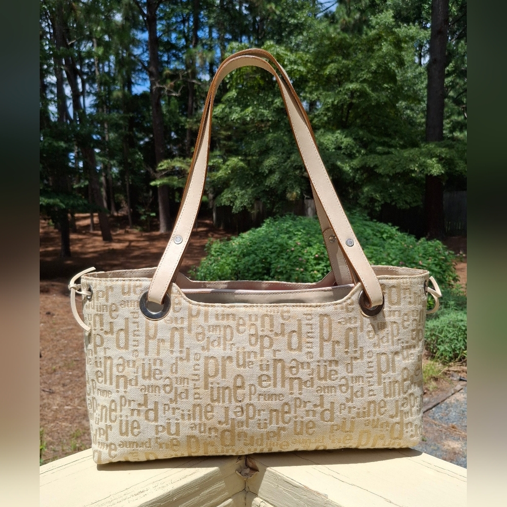 Prune Logo Print Soft Cream/Tan Canvas & Tan Leather Trim Shoulder Bag - Picture 3 of 15